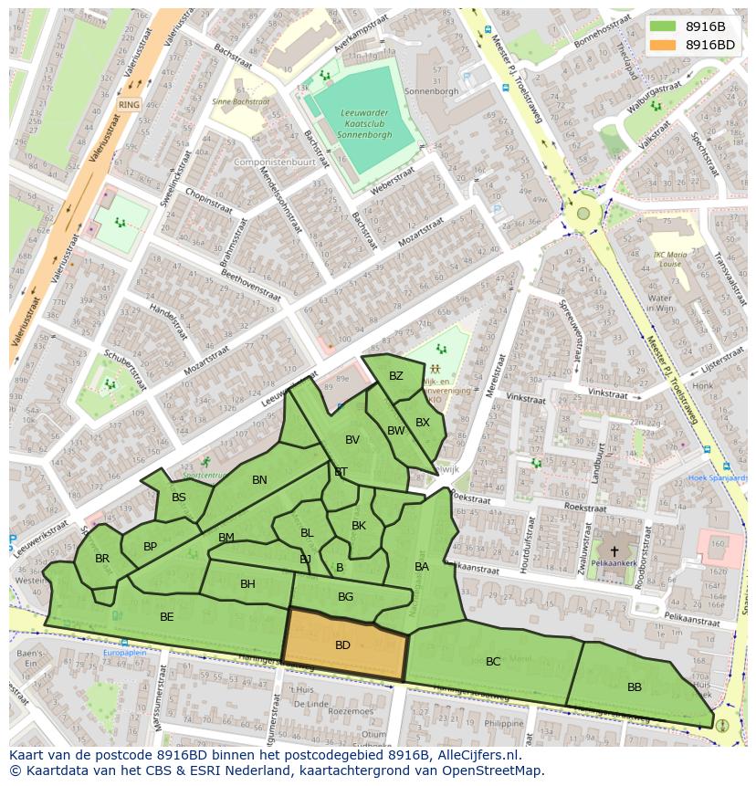 Afbeelding van het postcodegebied 8916 BD op de kaart.