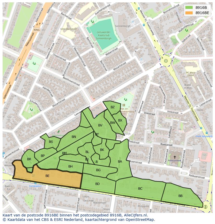 Afbeelding van het postcodegebied 8916 BE op de kaart.