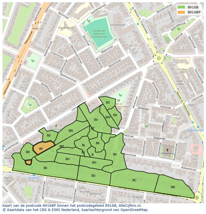 Afbeelding van het postcodegebied 8916 BP op de kaart.