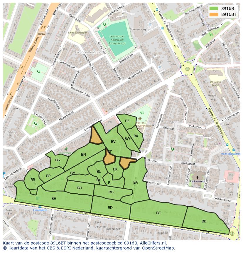 Afbeelding van het postcodegebied 8916 BT op de kaart.
