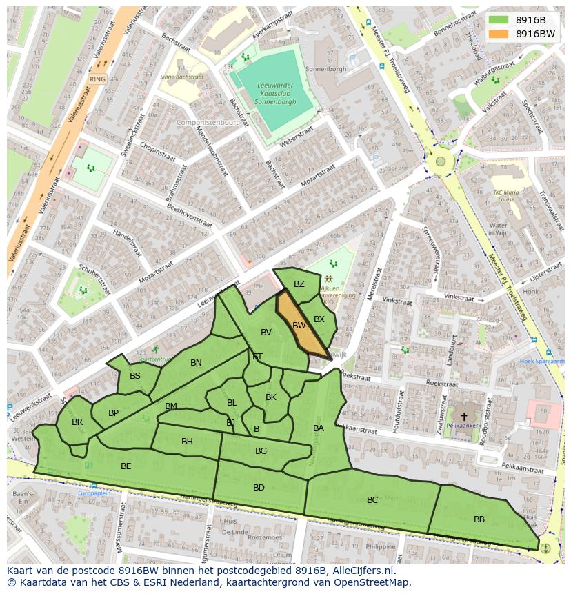Afbeelding van het postcodegebied 8916 BW op de kaart.
