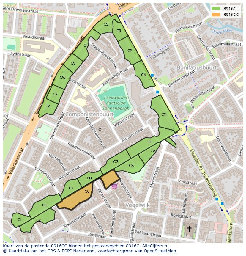 Afbeelding van het postcodegebied 8916 CC op de kaart.