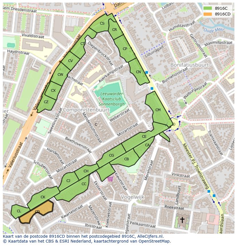 Afbeelding van het postcodegebied 8916 CD op de kaart.