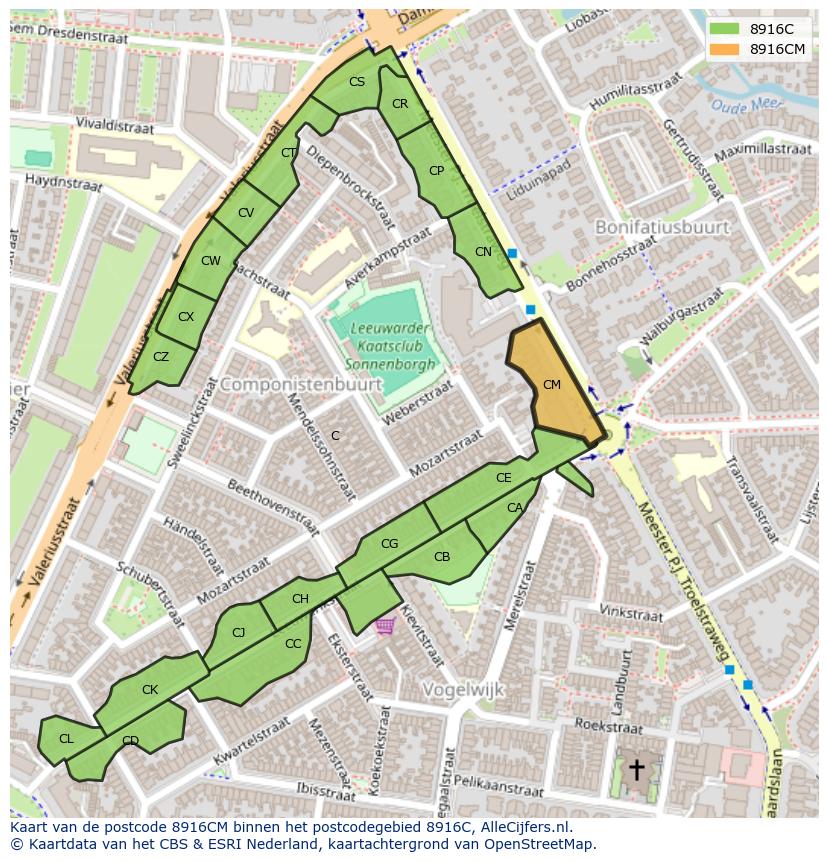 Afbeelding van het postcodegebied 8916 CM op de kaart.