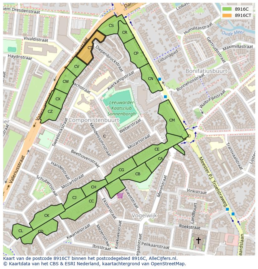 Afbeelding van het postcodegebied 8916 CT op de kaart.