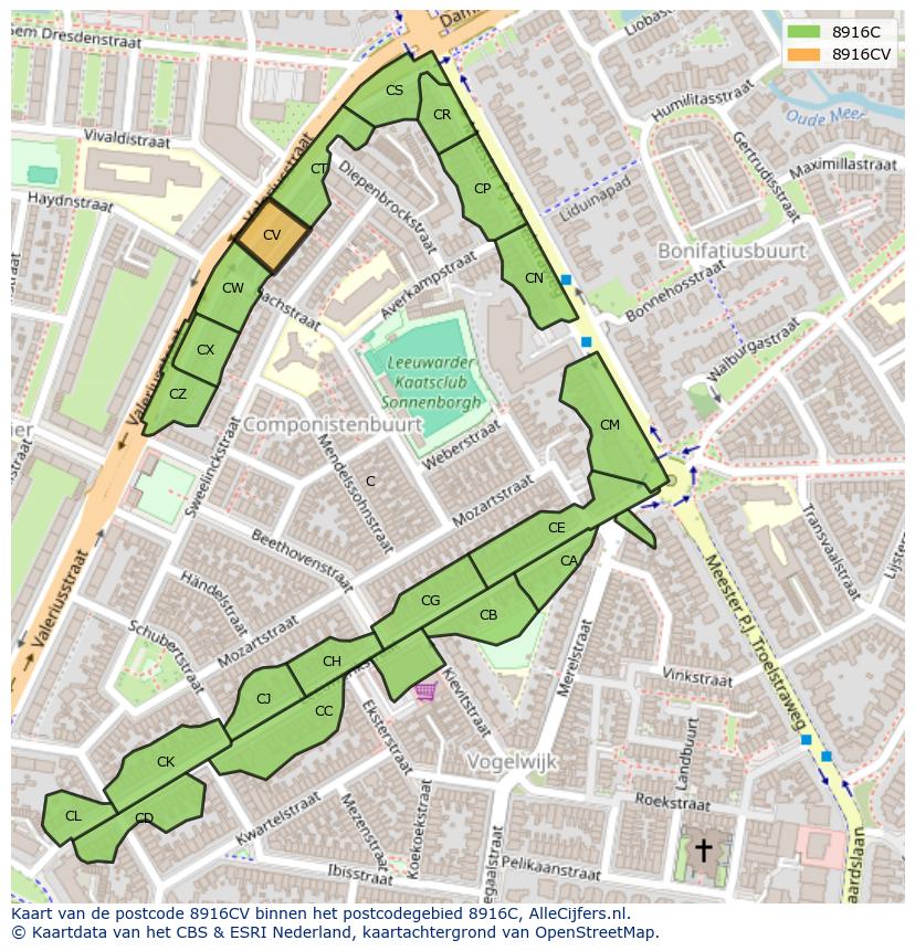 Afbeelding van het postcodegebied 8916 CV op de kaart.