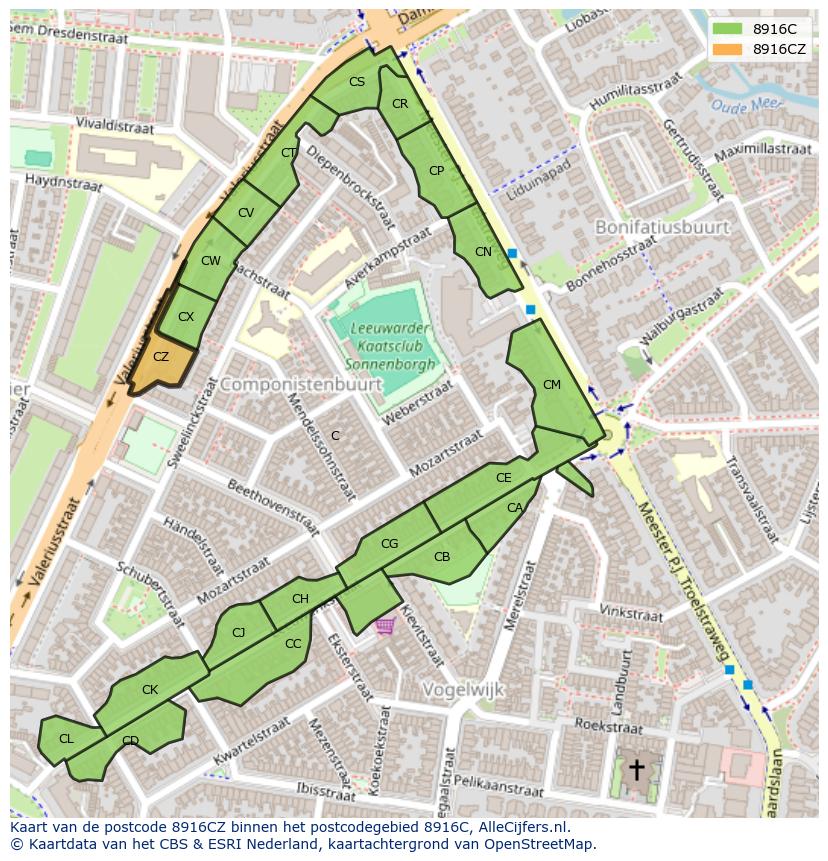 Afbeelding van het postcodegebied 8916 CZ op de kaart.