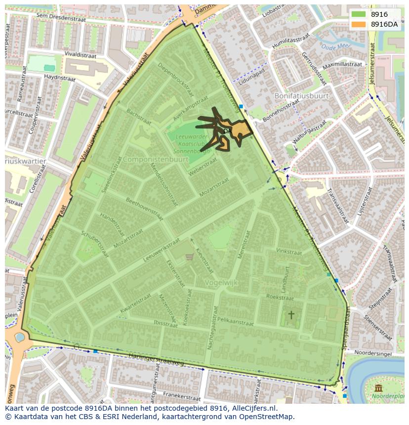 Afbeelding van het postcodegebied 8916 DA op de kaart.