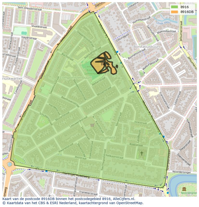 Afbeelding van het postcodegebied 8916 DB op de kaart.
