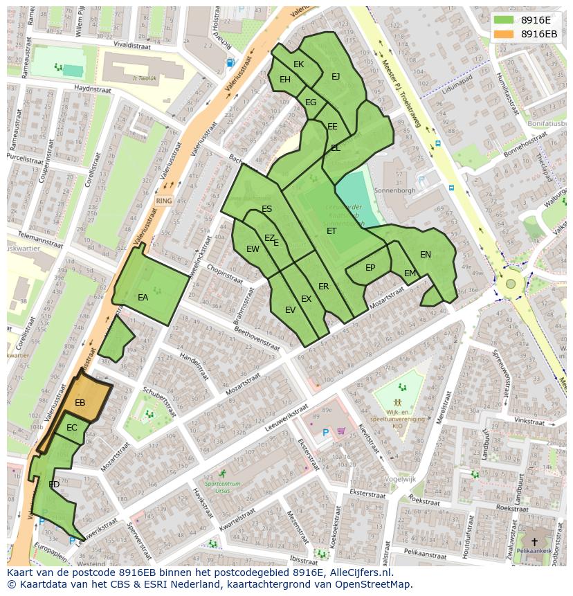 Afbeelding van het postcodegebied 8916 EB op de kaart.