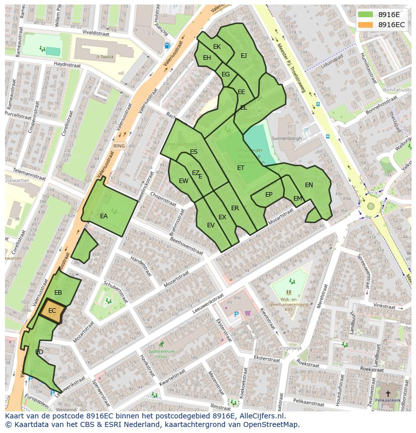 Afbeelding van het postcodegebied 8916 EC op de kaart.