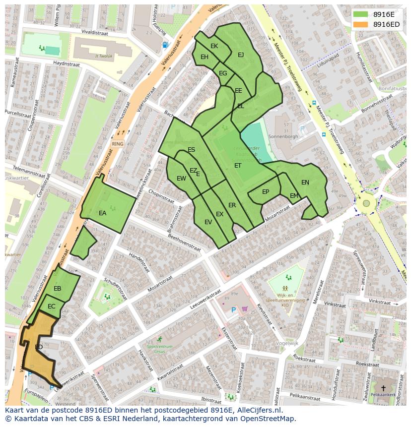 Afbeelding van het postcodegebied 8916 ED op de kaart.