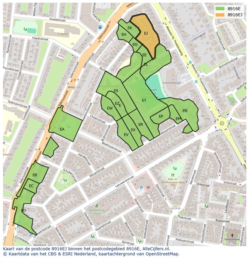 Afbeelding van het postcodegebied 8916 EJ op de kaart.
