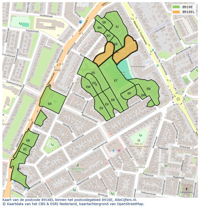 Afbeelding van het postcodegebied 8916 EL op de kaart.
