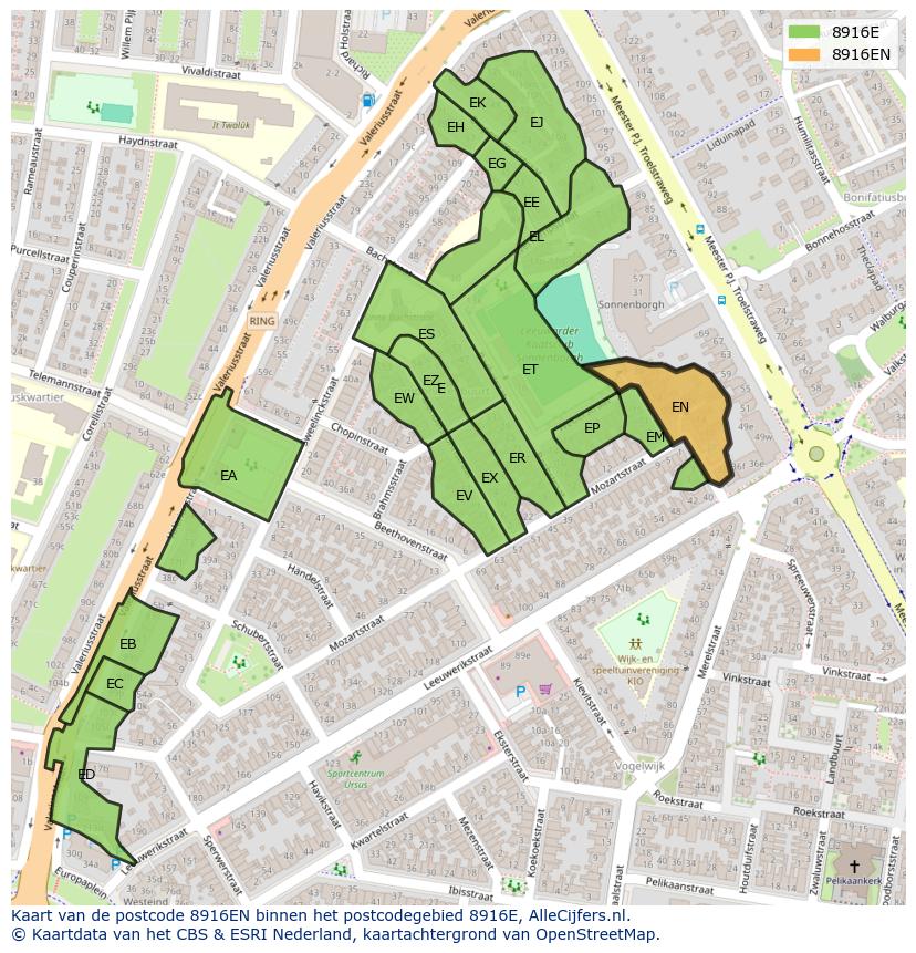 Afbeelding van het postcodegebied 8916 EN op de kaart.