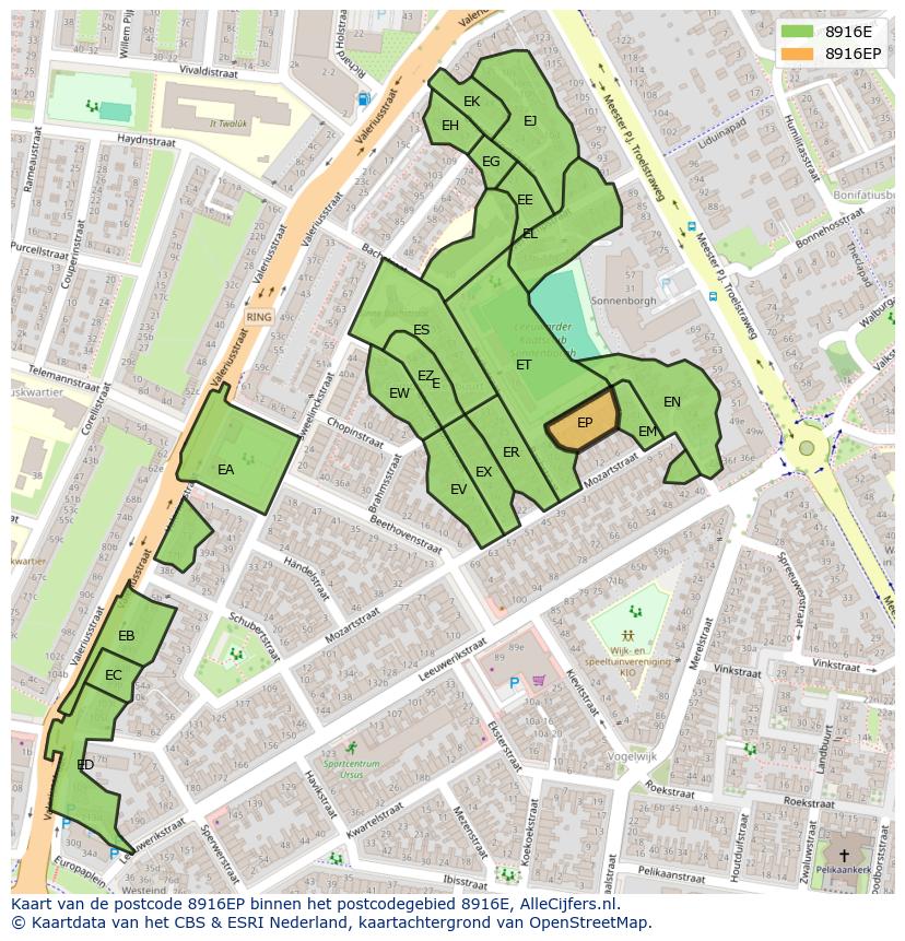 Afbeelding van het postcodegebied 8916 EP op de kaart.