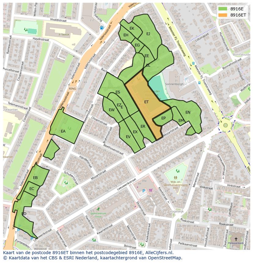 Afbeelding van het postcodegebied 8916 ET op de kaart.