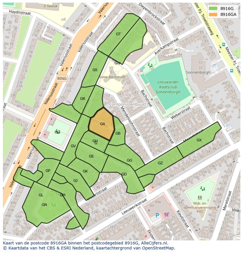 Afbeelding van het postcodegebied 8916 GA op de kaart.