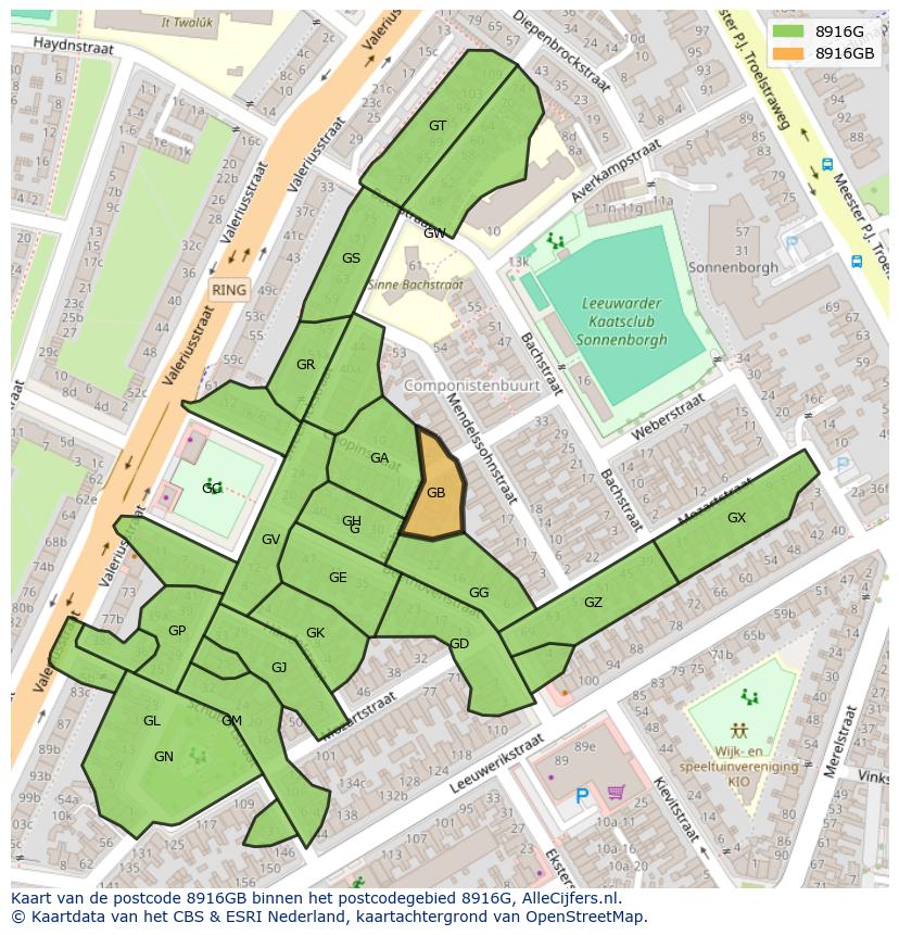 Afbeelding van het postcodegebied 8916 GB op de kaart.
