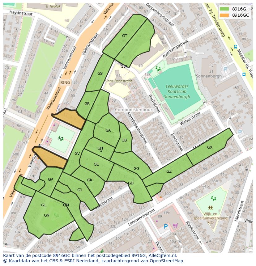 Afbeelding van het postcodegebied 8916 GC op de kaart.