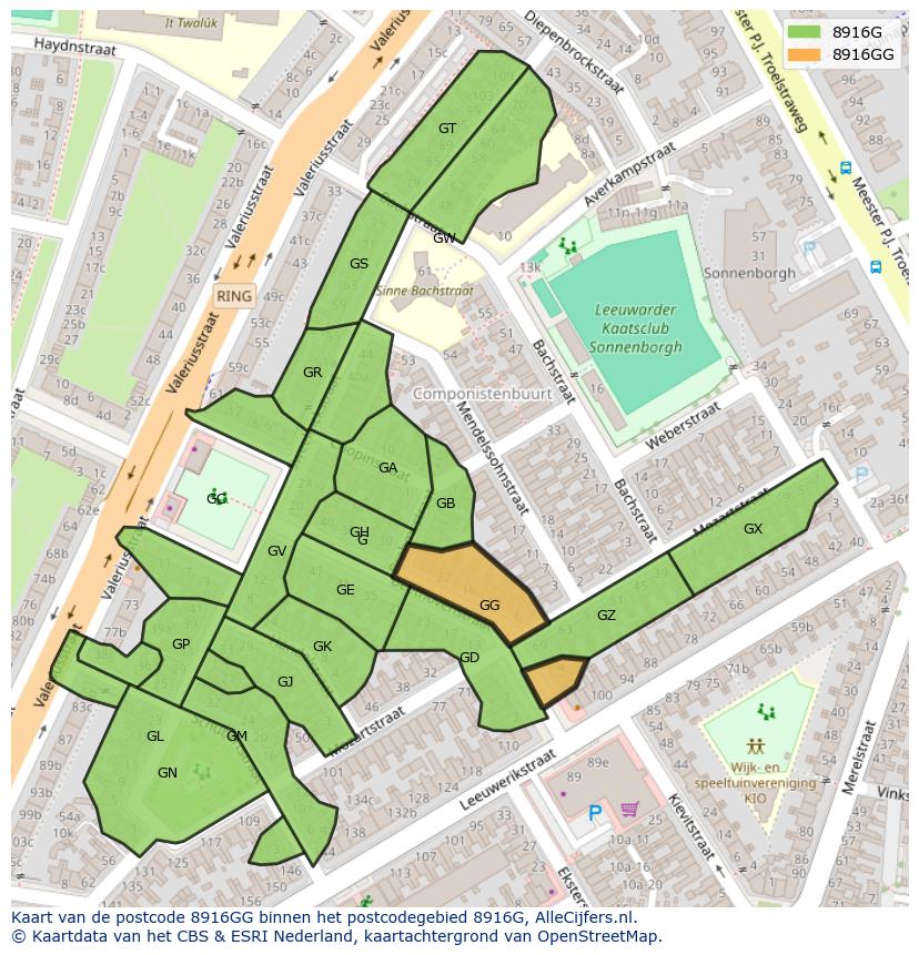 Afbeelding van het postcodegebied 8916 GG op de kaart.