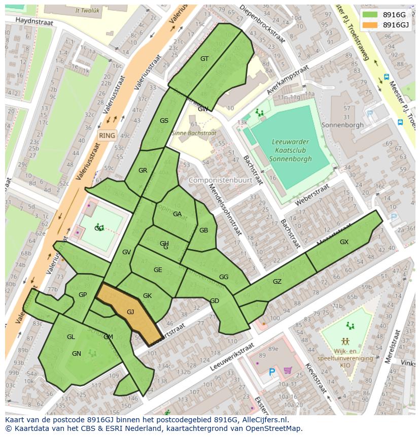 Afbeelding van het postcodegebied 8916 GJ op de kaart.