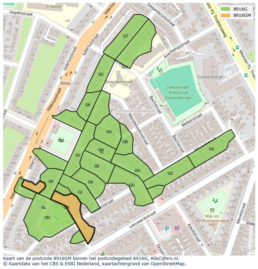 Afbeelding van het postcodegebied 8916 GM op de kaart.