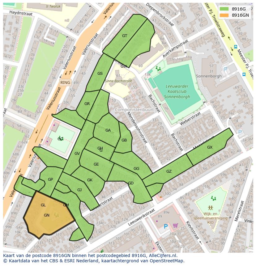 Afbeelding van het postcodegebied 8916 GN op de kaart.