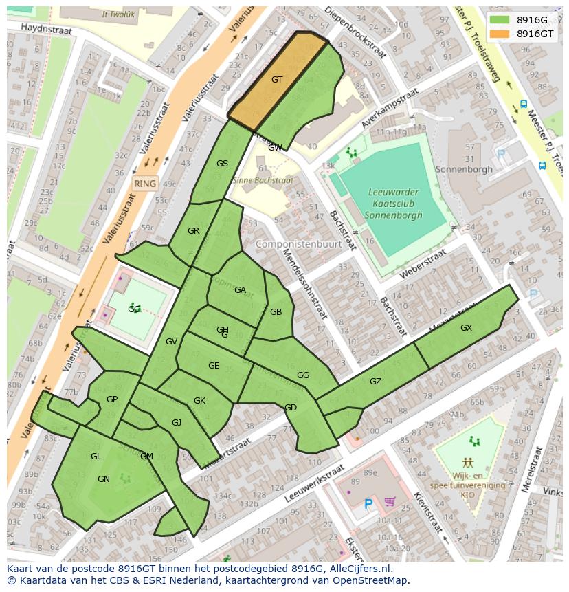 Afbeelding van het postcodegebied 8916 GT op de kaart.