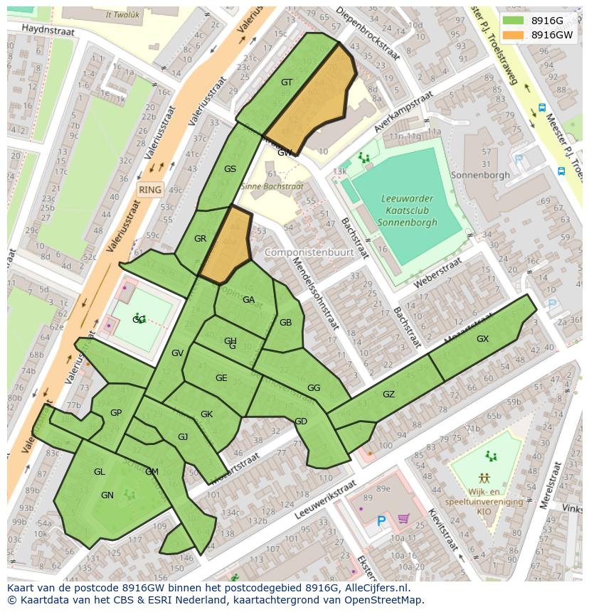 Afbeelding van het postcodegebied 8916 GW op de kaart.
