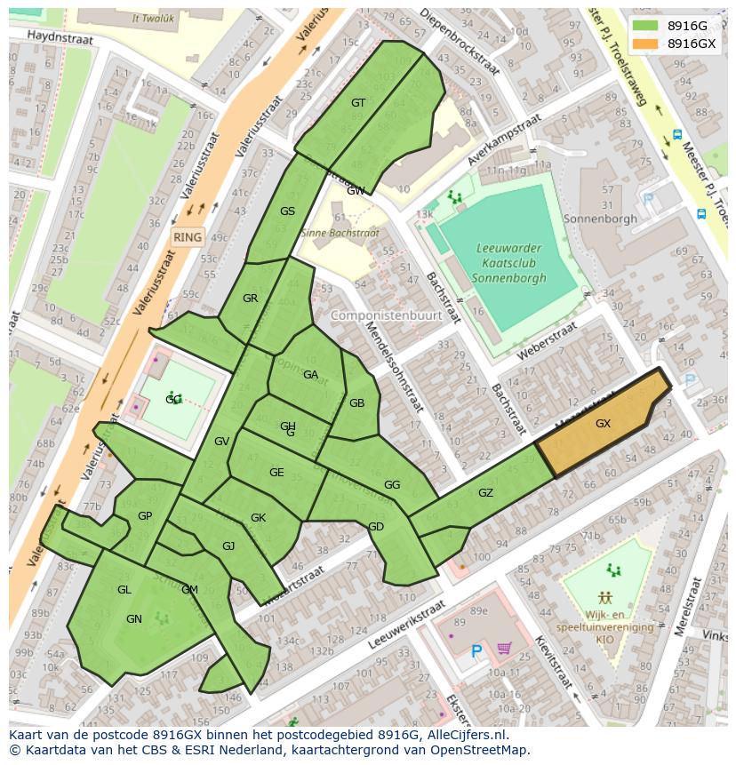 Afbeelding van het postcodegebied 8916 GX op de kaart.