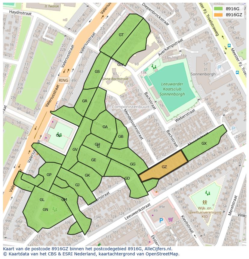 Afbeelding van het postcodegebied 8916 GZ op de kaart.