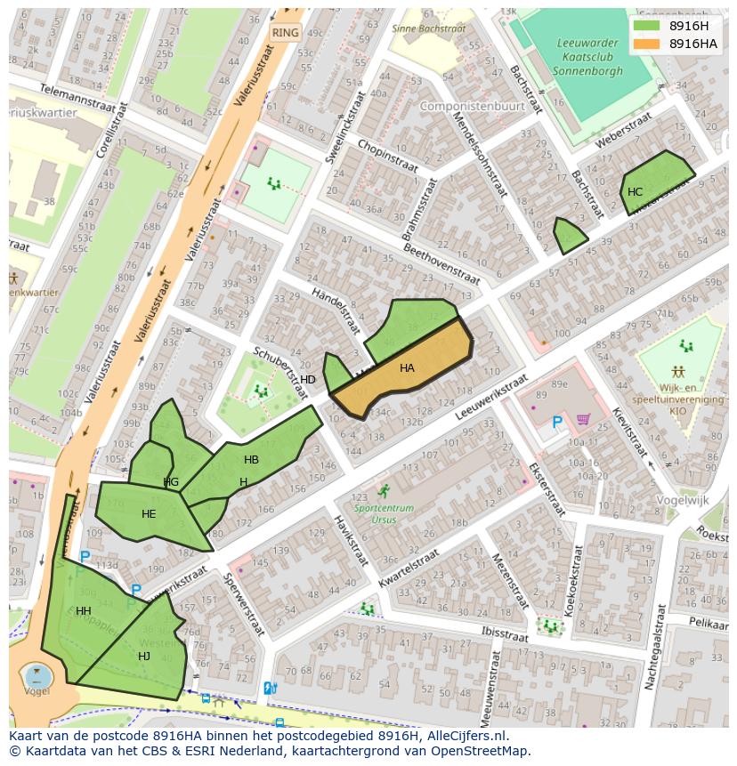 Afbeelding van het postcodegebied 8916 HA op de kaart.