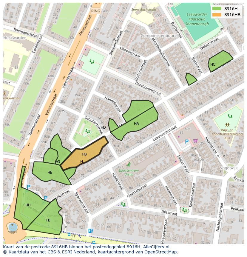 Afbeelding van het postcodegebied 8916 HB op de kaart.