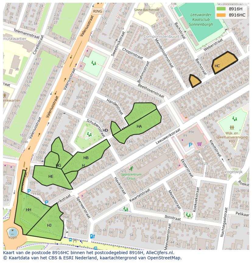 Afbeelding van het postcodegebied 8916 HC op de kaart.
