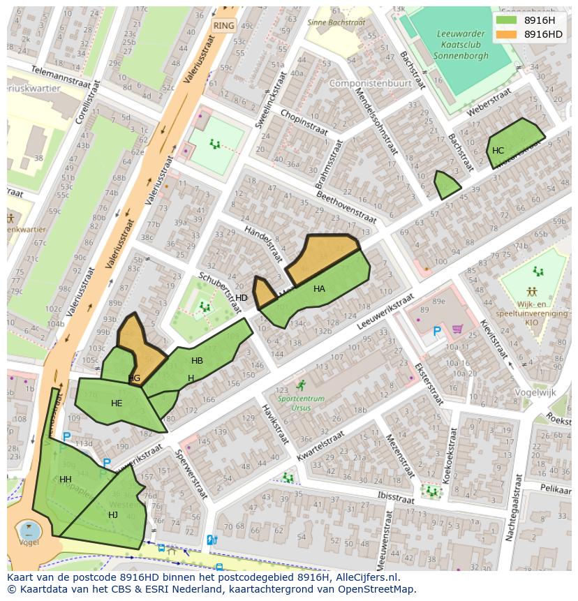 Afbeelding van het postcodegebied 8916 HD op de kaart.
