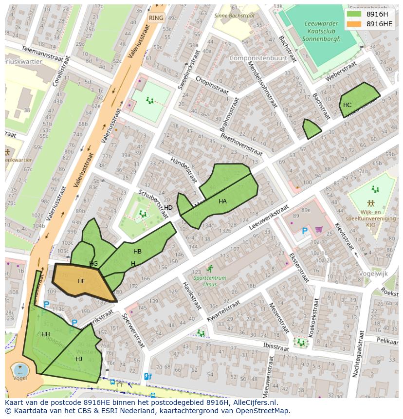 Afbeelding van het postcodegebied 8916 HE op de kaart.