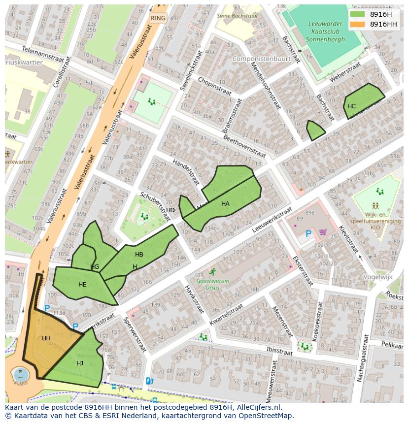 Afbeelding van het postcodegebied 8916 HH op de kaart.