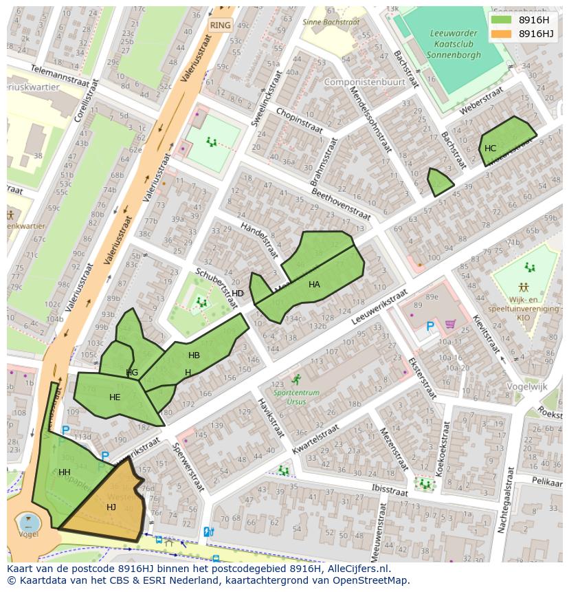 Afbeelding van het postcodegebied 8916 HJ op de kaart.