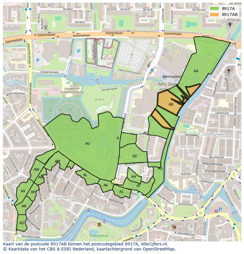 Afbeelding van het postcodegebied 8917 AB op de kaart.