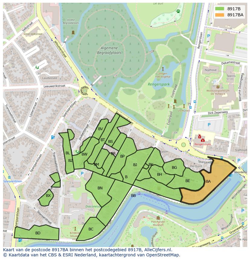 Afbeelding van het postcodegebied 8917 BA op de kaart.