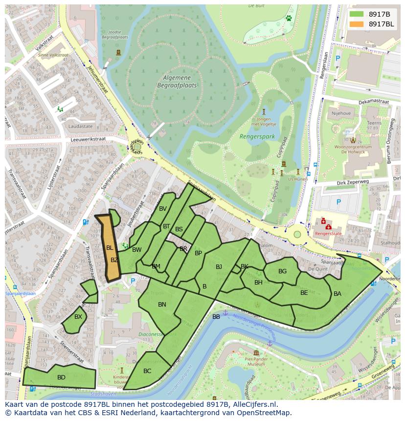 Afbeelding van het postcodegebied 8917 BL op de kaart.