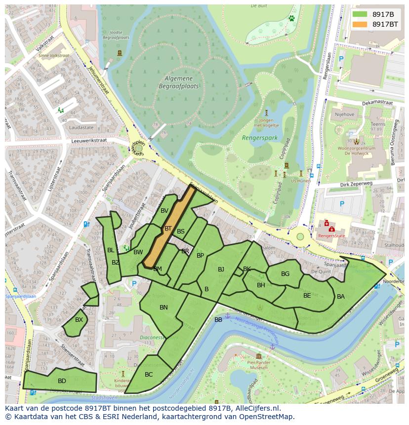 Afbeelding van het postcodegebied 8917 BT op de kaart.