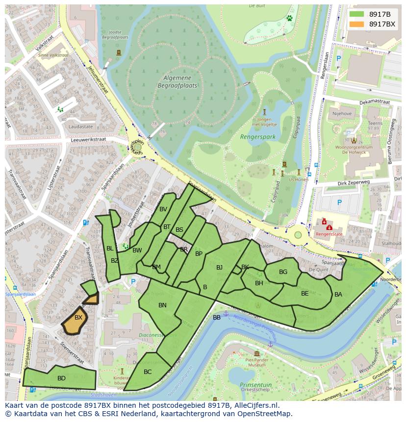 Afbeelding van het postcodegebied 8917 BX op de kaart.