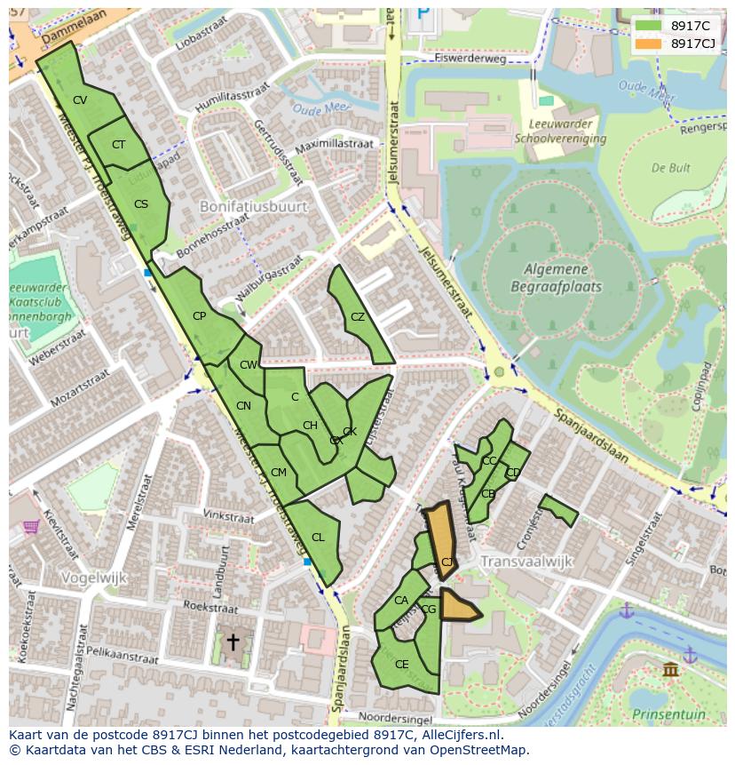 Afbeelding van het postcodegebied 8917 CJ op de kaart.