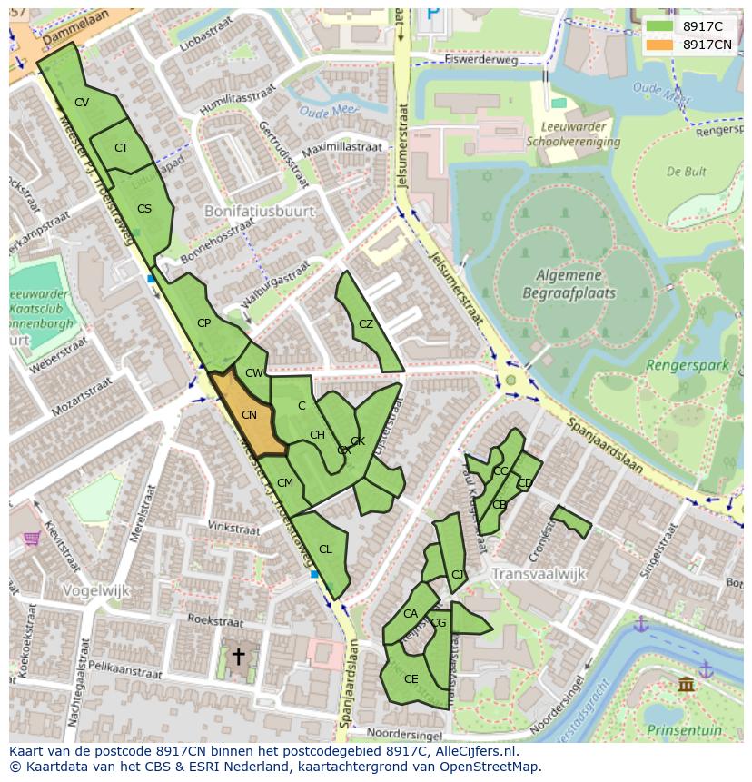 Afbeelding van het postcodegebied 8917 CN op de kaart.