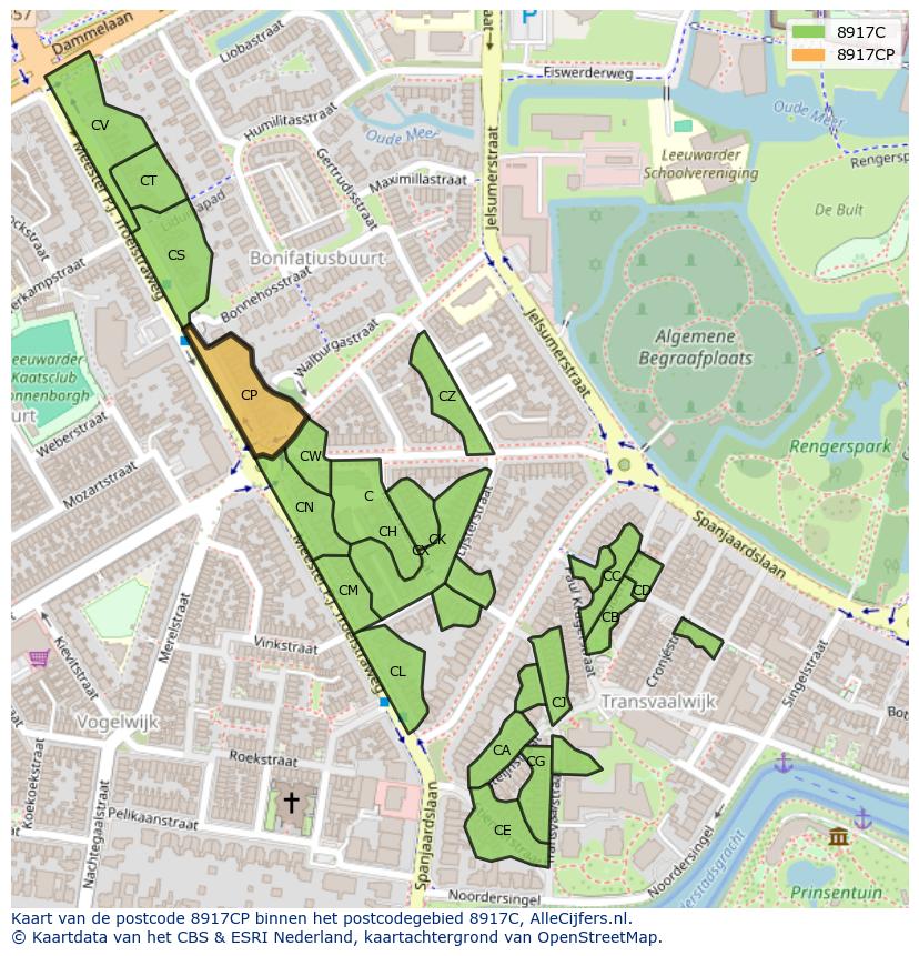 Afbeelding van het postcodegebied 8917 CP op de kaart.
