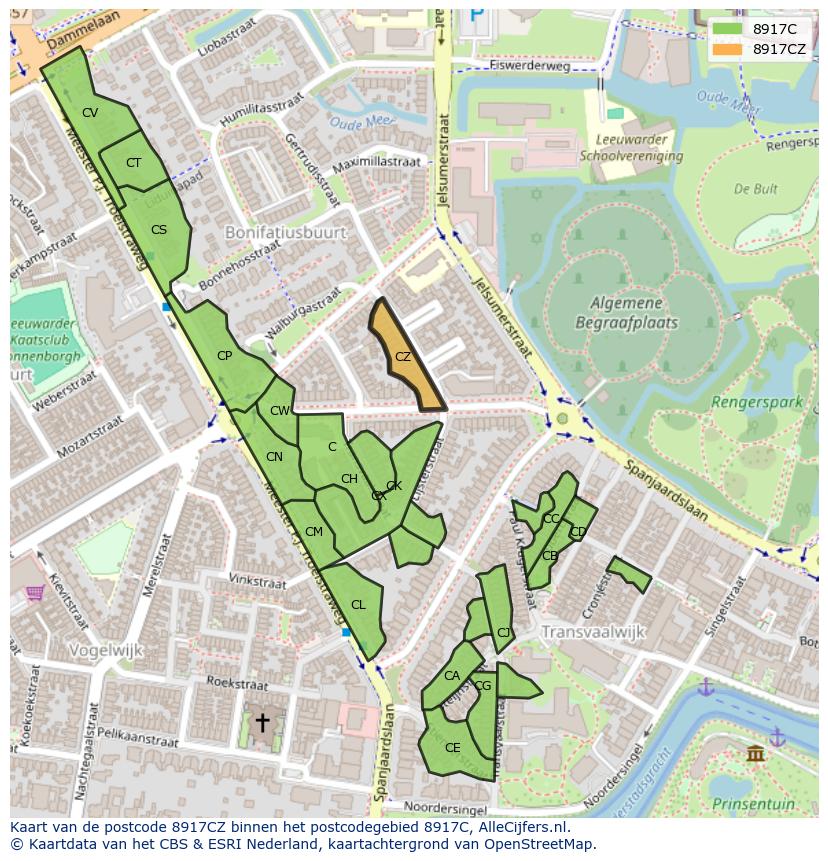 Afbeelding van het postcodegebied 8917 CZ op de kaart.