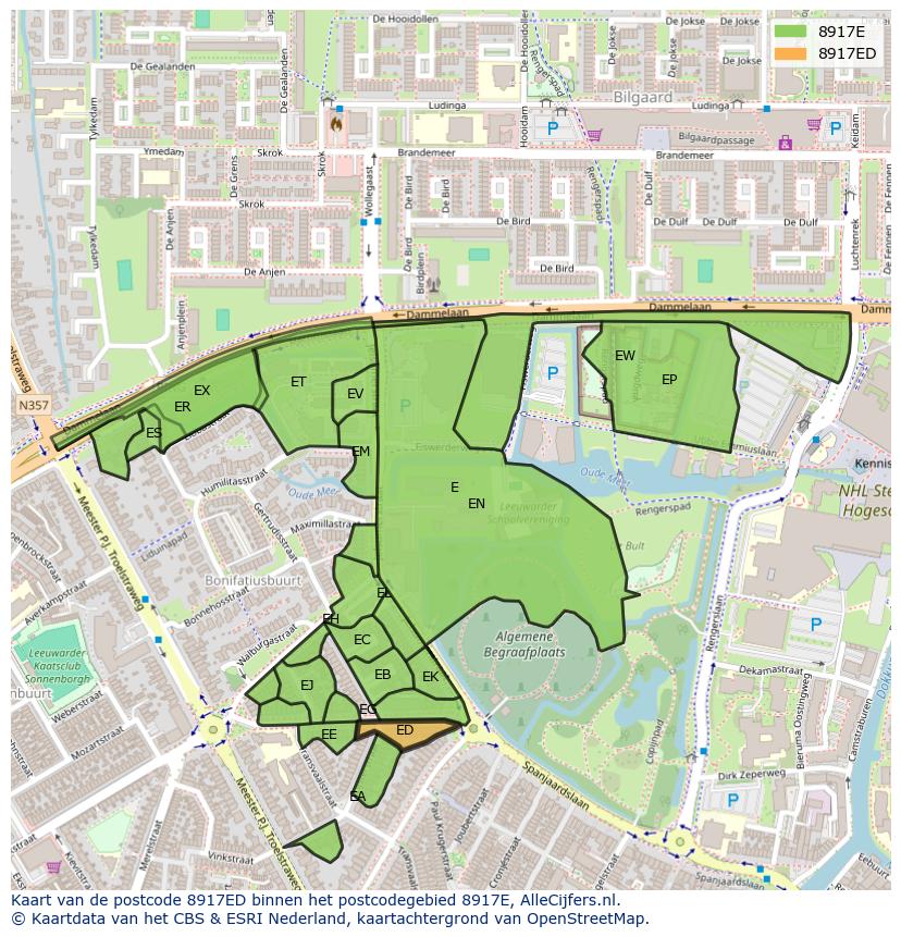 Afbeelding van het postcodegebied 8917 ED op de kaart.