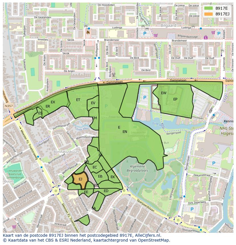 Afbeelding van het postcodegebied 8917 EJ op de kaart.